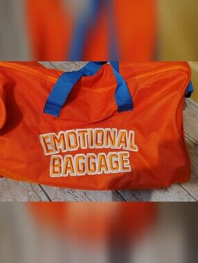 Emotional Baggage Orange Duffel Bag with Blue Handles